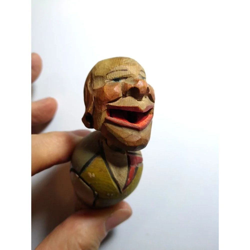 ANRI Big Smile Man Bottle Stopper Hand-Carved Painted Folk Art Mechanical